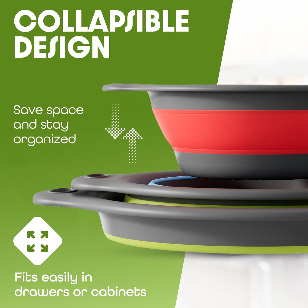 Collapsible Colanders (3 Pack Set) Food Strainers with Over-Sink Water Draining Base for Pasta Fruits and Vegetables (Patent Pending) White (3 Sizes, 3QT, 4QT and 5 Quart)
