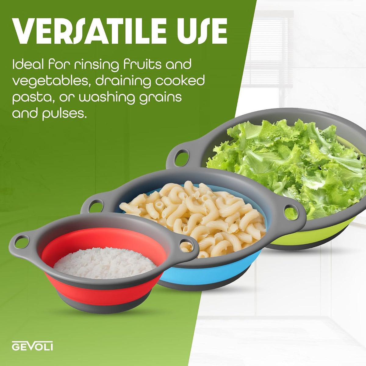 Collapsible Colanders (3 Pack Set) Food Strainers with Over-Sink Water Draining Base for Pasta Fruits and Vegetables (Patent Pending) White (3 Sizes, 3QT, 4QT and 5 Quart)