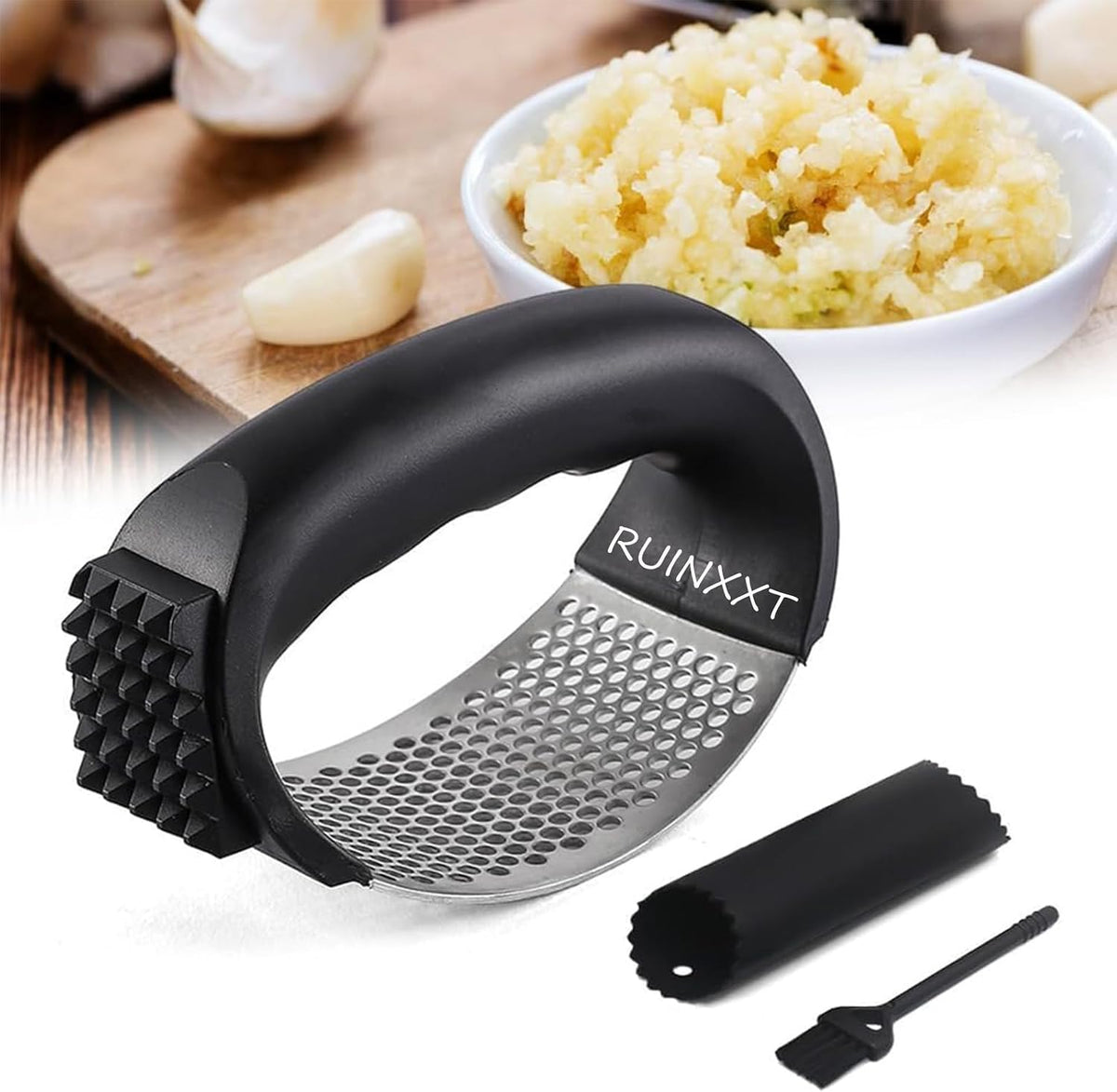 2026 New Upgraded Garlic Press Rocker, Stainless Steel Garlic Press, Garlic Crusher with Peeler and Cleaning Brush, Garlic Chopper for Crush Garlic Kitchen Gadgets, Kitchen Tools (Black)