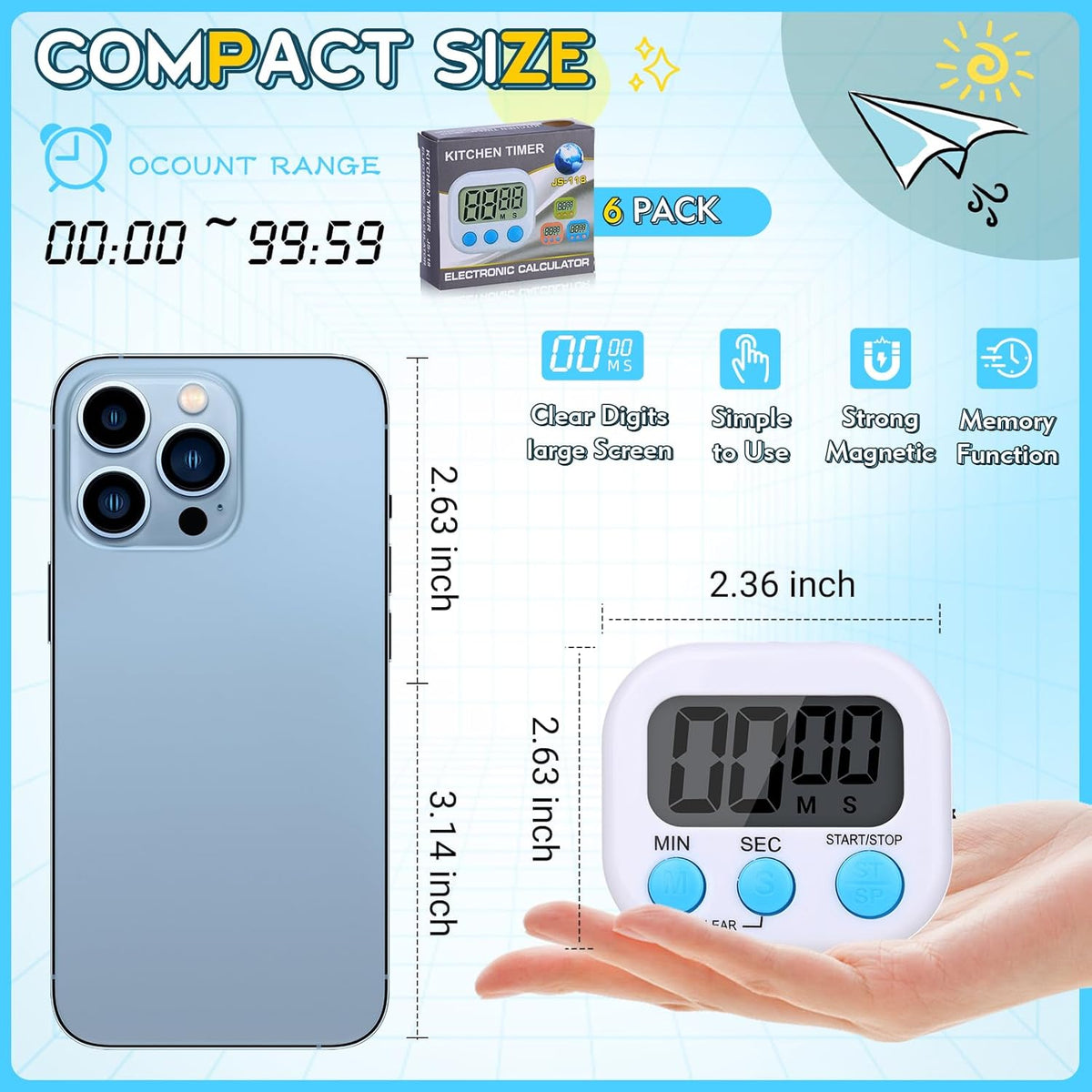Kitchen Timer 6 Packs Digital Timers for Classroom Small Magnetic Countdown Stopwatch for Cooking Mini Loud Alarm Stop for Kitchen Study Work Baking Sports Games Timer Clock