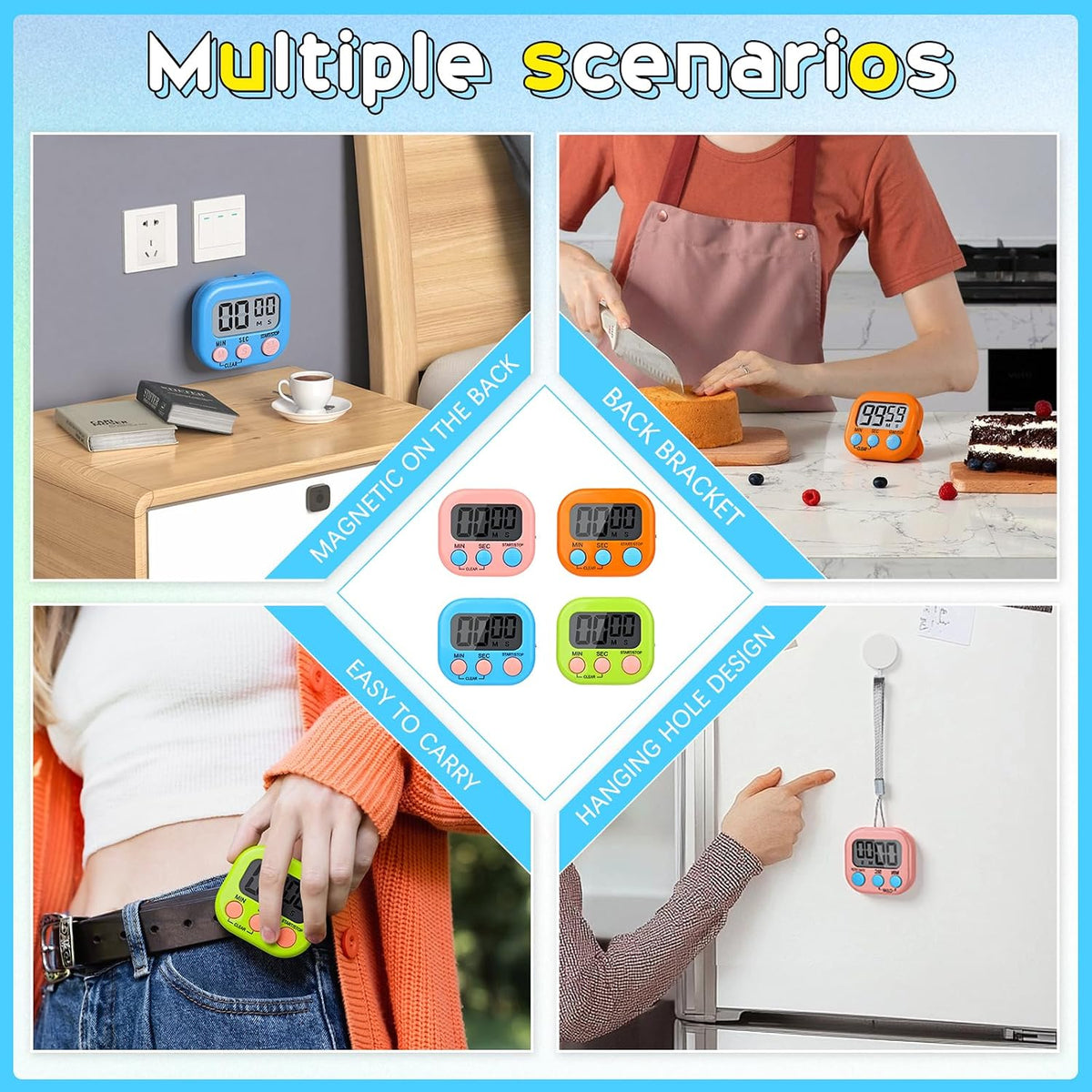 Kitchen Timer 6 Packs Digital Timers for Classroom Small Magnetic Countdown Stopwatch for Cooking Mini Loud Alarm Stop for Kitchen Study Work Baking Sports Games Timer Clock
