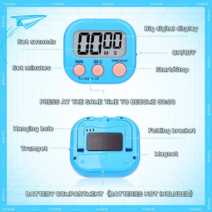 Kitchen Timer 6 Packs Digital Timers for Classroom Small Magnetic Countdown Stopwatch for Cooking Mini Loud Alarm Stop for Kitchen Study Work Baking Sports Games Timer Clock