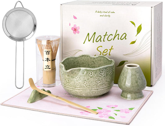 Matcha Whisk Set, 7Pcs Ceramic Matcha Kit with Cherry Blossom Design | 18oz Spout Bowl, Bamboo Whisk & Holder, Scoop, Rest, Sifter, Towel, Elegant Japanese Tea Gift Set for Macha Lover, Green