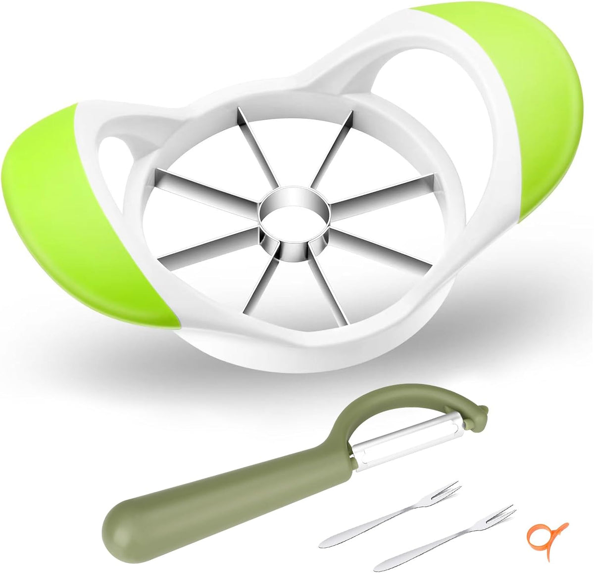 Upgraded Apple Slicer, Corer and Divider, 4.72 Inch 8 Super Sharp Stainless Steel Blades, 1 Super Sharp Peeler, 2 Fruit Forks and 1 Orange Citrus Peeler Tool, Green