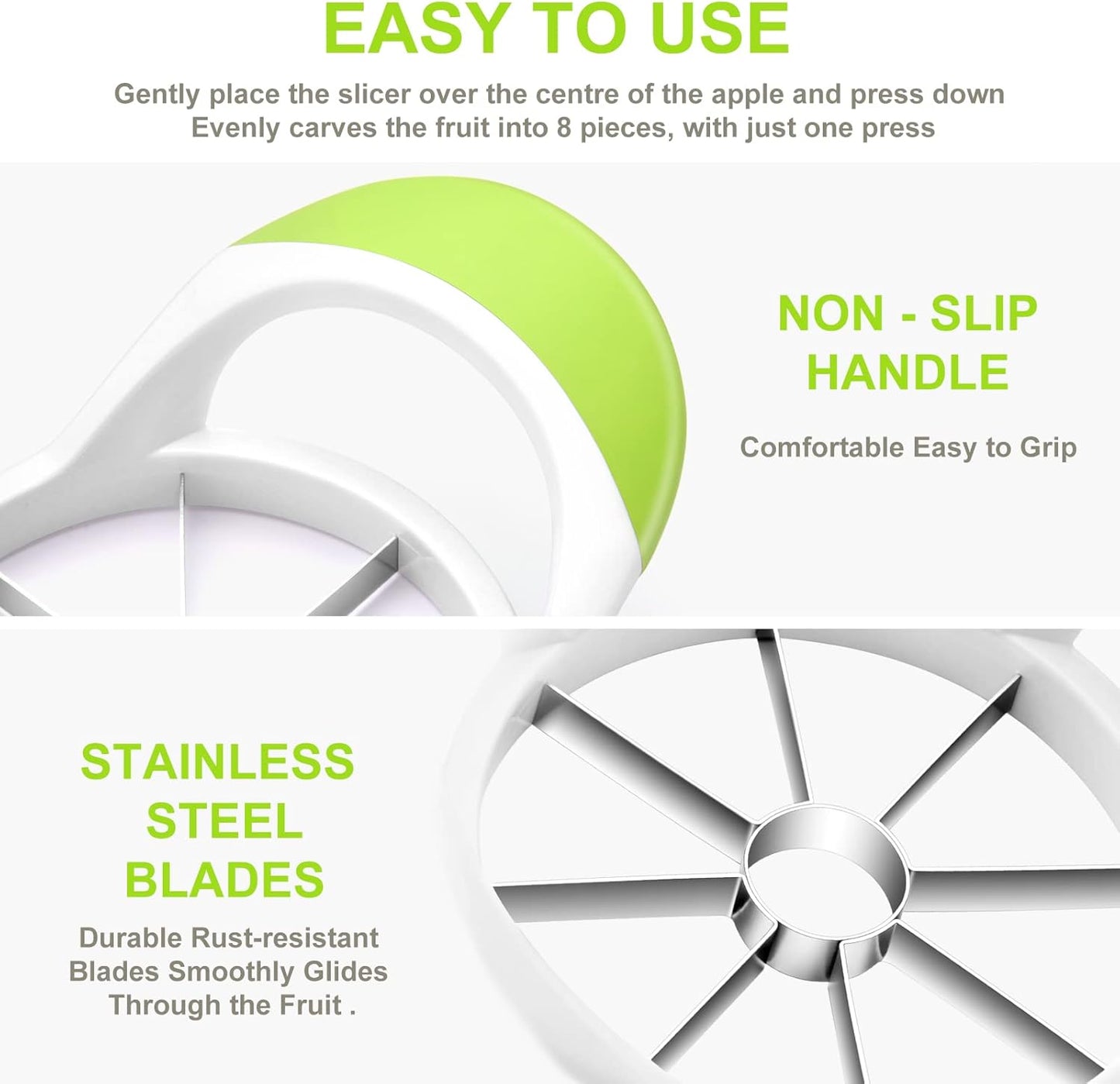 Upgraded Apple Slicer, Corer and Divider, 4.72 Inch 8 Super Sharp Stainless Steel Blades, 1 Super Sharp Peeler, 2 Fruit Forks and 1 Orange Citrus Peeler Tool, Green