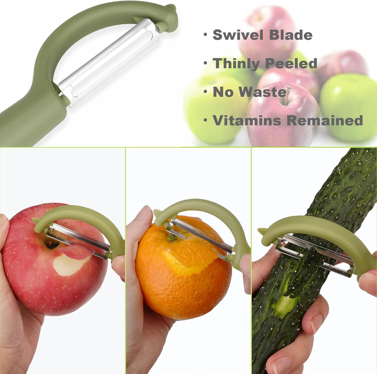 Upgraded Apple Slicer, Corer and Divider, 4.72 Inch 8 Super Sharp Stainless Steel Blades, 1 Super Sharp Peeler, 2 Fruit Forks and 1 Orange Citrus Peeler Tool, Green