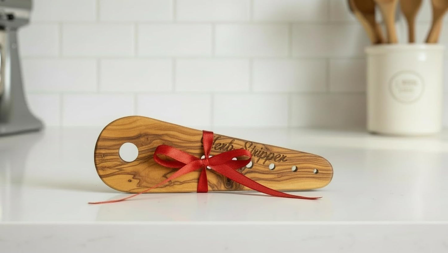 Handmade Olive Wood Herb Stripper, Natural Wood Kitchen Tool for Fresh Herbs