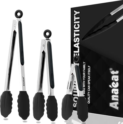 Non-Stick Silicone Locking Tong Set of 3 - Stainless Steel 7", 9", 12" Kitchen Food Tongs with Non-Slip Silicone Tips and Grip for Cooking, Baking and BBQ - Heat Resistant up to 480°F (Black)