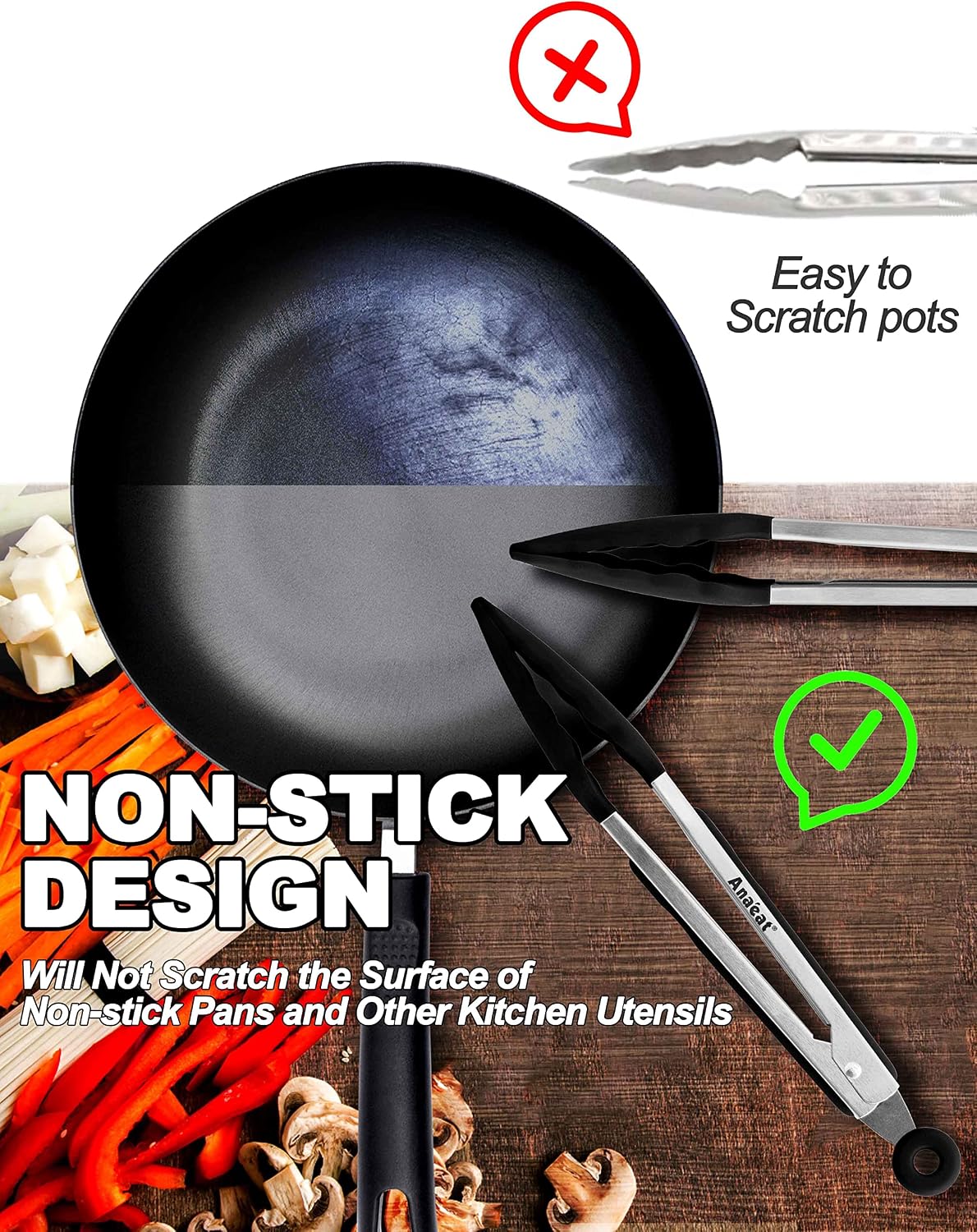 Non-Stick Silicone Locking Tong Set of 3 - Stainless Steel 7", 9", 12" Kitchen Food Tongs with Non-Slip Silicone Tips and Grip for Cooking, Baking and BBQ - Heat Resistant up to 480°F (Black)