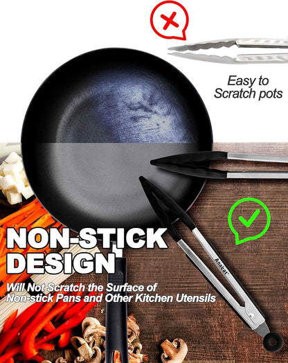 Non-Stick Silicone Locking Tong Set of 3 - Stainless Steel 7", 9", 12" Kitchen Food Tongs with Non-Slip Silicone Tips and Grip for Cooking, Baking and BBQ - Heat Resistant up to 480°F (Black)