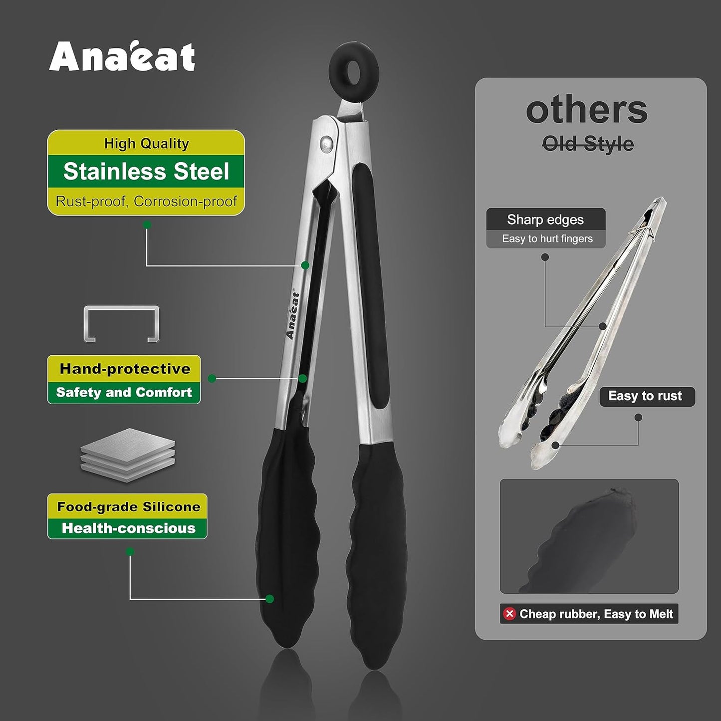 Non-Stick Silicone Locking Tong Set of 3 - Stainless Steel 7", 9", 12" Kitchen Food Tongs with Non-Slip Silicone Tips and Grip for Cooking, Baking and BBQ - Heat Resistant up to 480°F (Black)