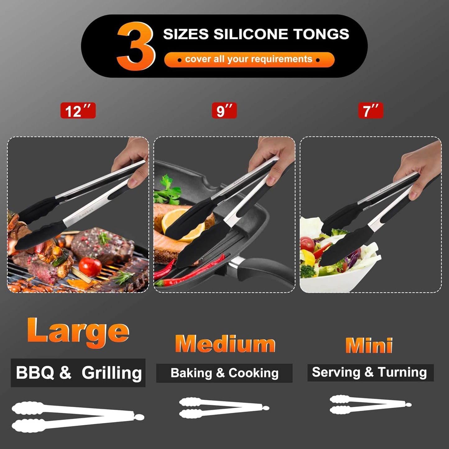 Non-Stick Silicone Locking Tong Set of 3 - Stainless Steel 7", 9", 12" Kitchen Food Tongs with Non-Slip Silicone Tips and Grip for Cooking, Baking and BBQ - Heat Resistant up to 480°F (Black)