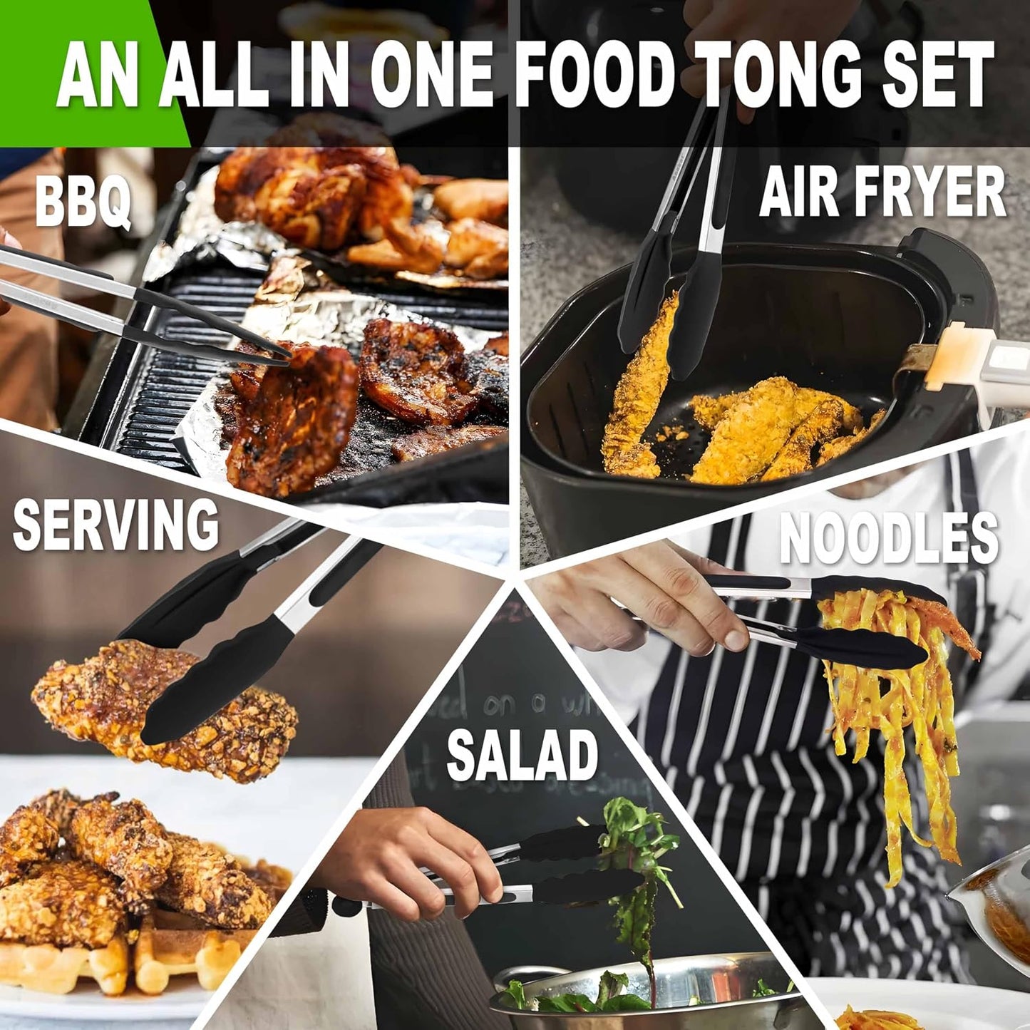 Non-Stick Silicone Locking Tong Set of 3 - Stainless Steel 7", 9", 12" Kitchen Food Tongs with Non-Slip Silicone Tips and Grip for Cooking, Baking and BBQ - Heat Resistant up to 480°F (Black)