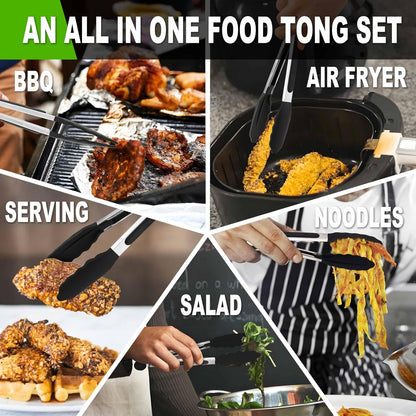 Non-Stick Silicone Locking Tong Set of 3 - Stainless Steel 7", 9", 12" Kitchen Food Tongs with Non-Slip Silicone Tips and Grip for Cooking, Baking and BBQ - Heat Resistant up to 480°F (Black)