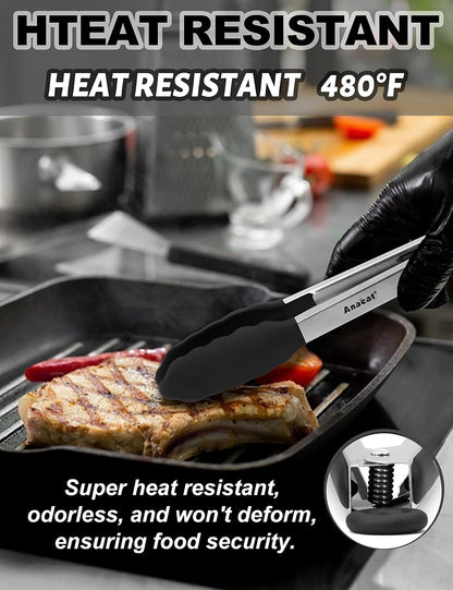 Non-Stick Silicone Locking Tong Set of 3 - Stainless Steel 7", 9", 12" Kitchen Food Tongs with Non-Slip Silicone Tips and Grip for Cooking, Baking and BBQ - Heat Resistant up to 480°F (Black)