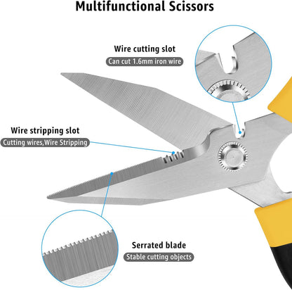 Utility Scissors All Purpose heavy duty 8-Inch Yellow | Comfort Grip, Sharp Serrated Blades Cutting Carpet Cardboard Wire Fabric, Multipurpose Shears for Kitchen Garden Office Craft