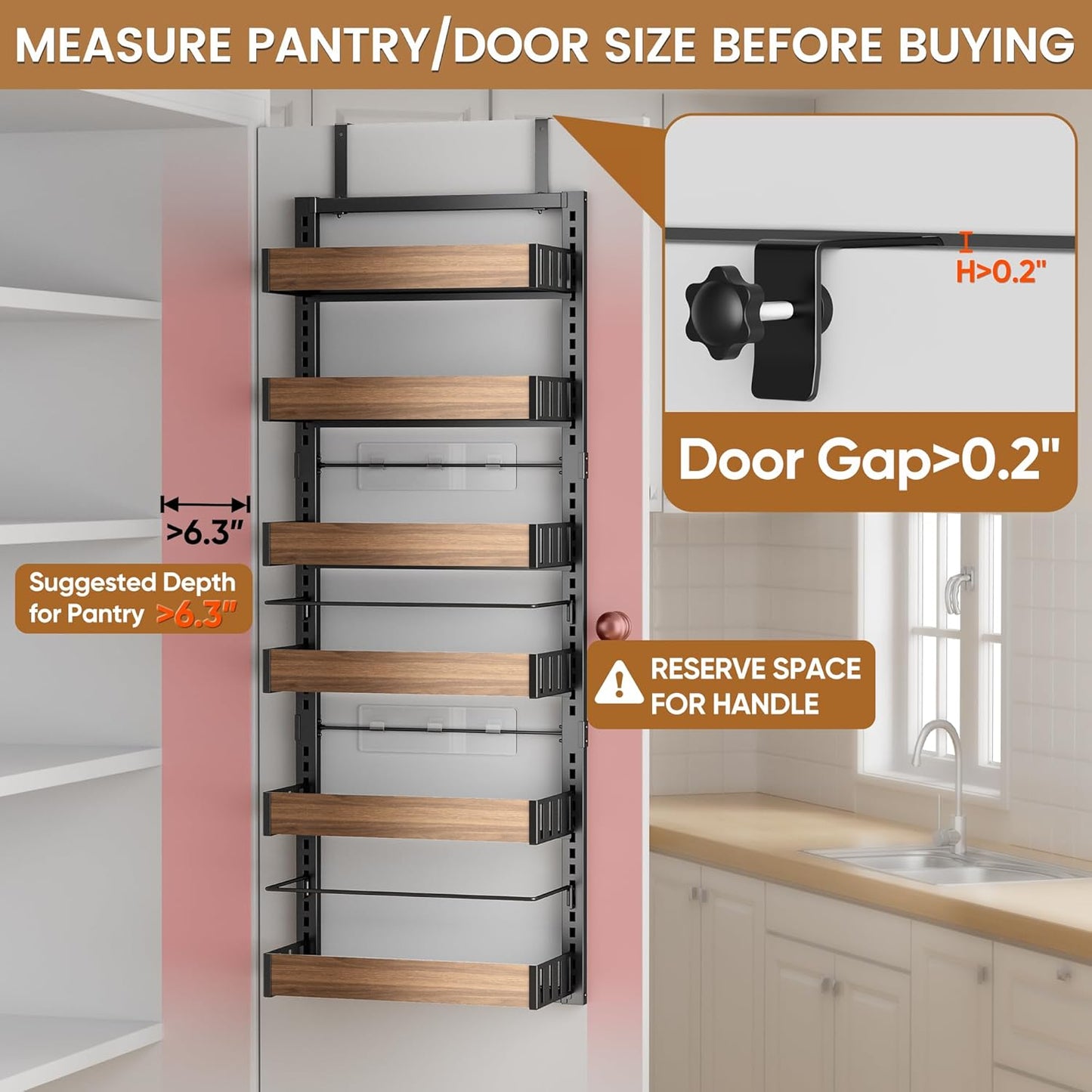 8 Tier Over The Door Pantry Organizer, 2 IN 1 Wall Mount or Hanging Spice Rack Seasoning Shelves with Adjustable Basket, Back of Door Organizer and Storage for Kitchen Cabinet and Room Closet