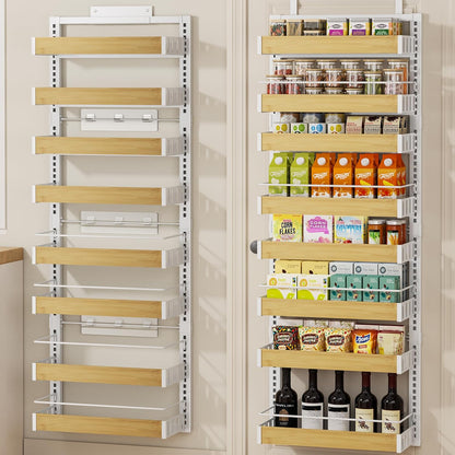8 Tier Over The Door Pantry Organizer, 2 IN 1 Wall Mount or Hanging Spice Rack Seasoning Shelves with Adjustable Basket, Back of Door Organizer and Storage for Kitchen Cabinet and Room Closet