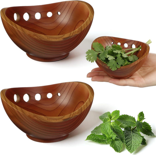 2 Pack Wooden Herb Stripper Bowls, Wood 5 Holes Kitchen Herbs Peeling Bowl, Leaf Stripping Peeler for Separating Leaves and Stems, Salads & Cooking, Pottery Kitchen Tool
