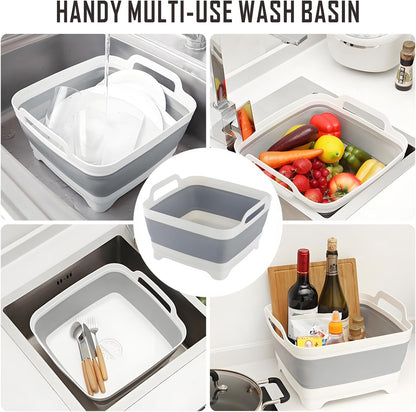 Collapsible Dish Basin with Drain Plug, 9L 2.4 Gallon Portable Wash Basin Dishpan Space Saving Dish Washing Tub Foldable Sink Tub Kitchen Storage Tray Grey