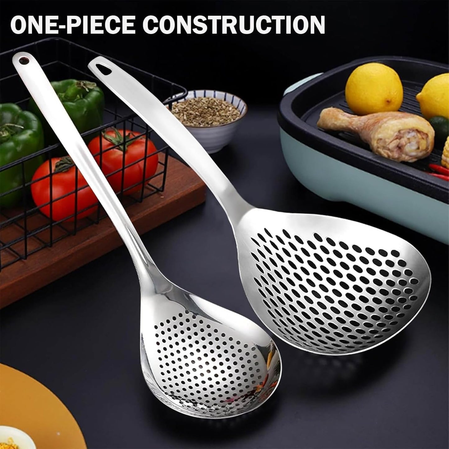 Skimmer Slotted Spoon, 2 Pack Stainless Steel Pasta Spider Strainer Skimmer Ladle Spoon for Frying and Cooking, Frying Strainer, Kitchen Cooking Colander