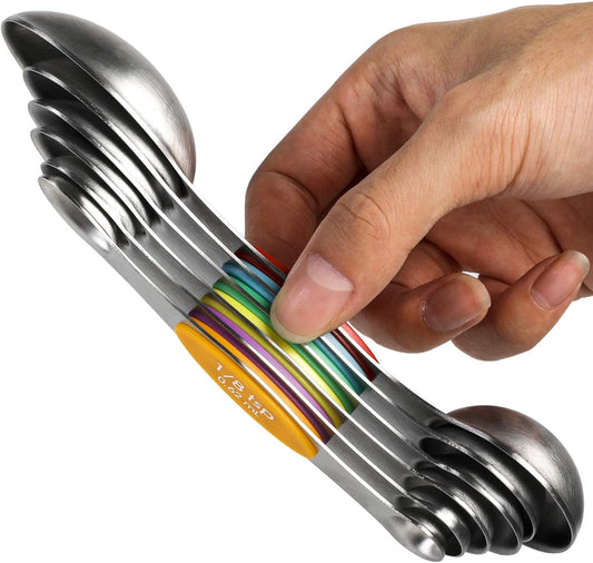 Magnetic Measuring Spoons Stainless Steel Dual Sided Teaspoons Tablespoons | for Measuring Dry and Liquid Ingredients Set of 6