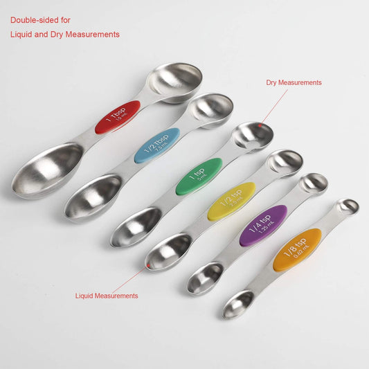 Magnetic Measuring Spoons Stainless Steel Dual Sided Teaspoons Tablespoons | for Measuring Dry and Liquid Ingredients Set of 6