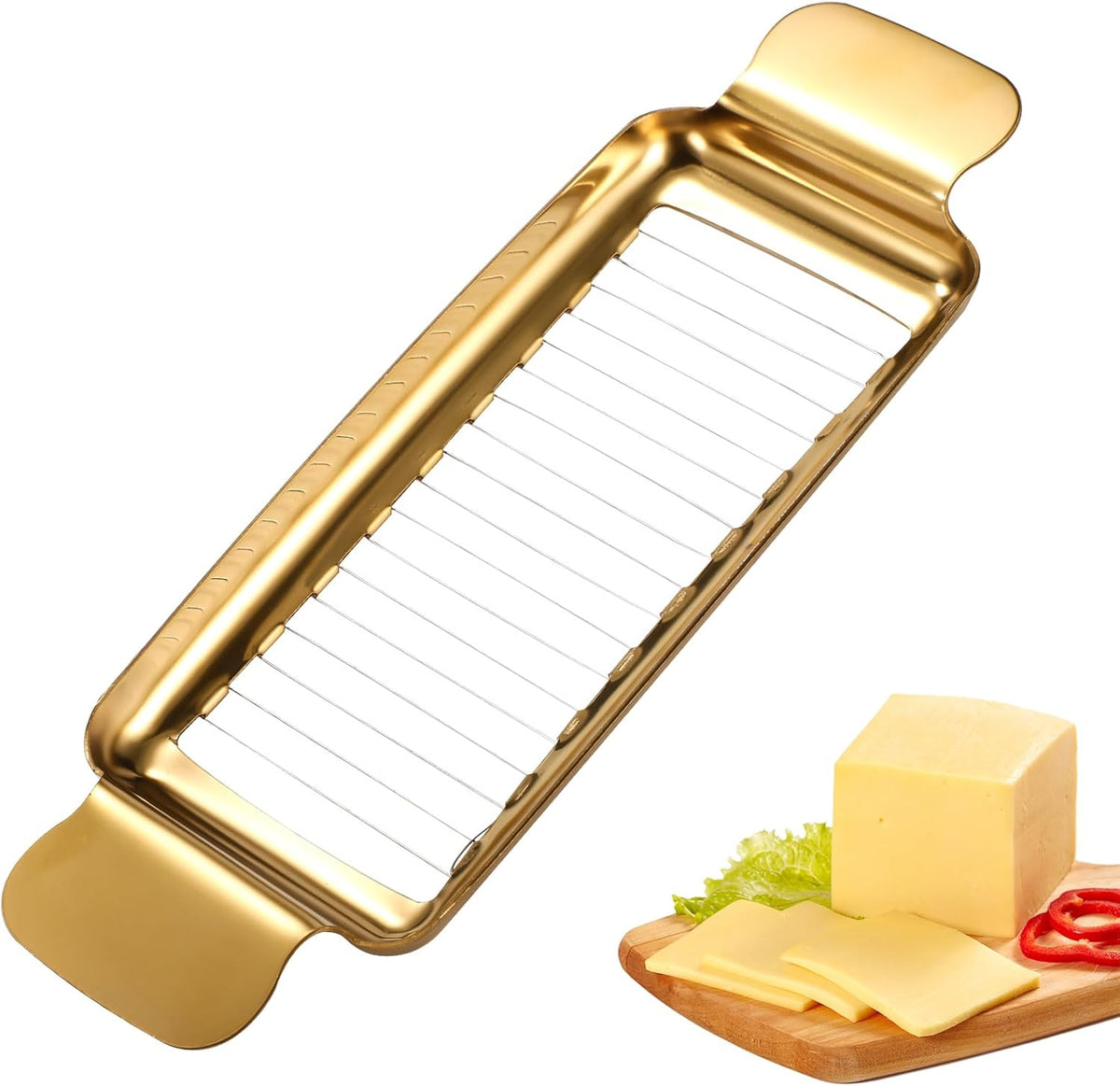 Butter & Cheese Slicer Cutter, Stainless Steel Ergonomic Cutter with Portable Grip Portion Control Slicing Tool for Butter Block Cheese Fruits Vegetables(Gold)