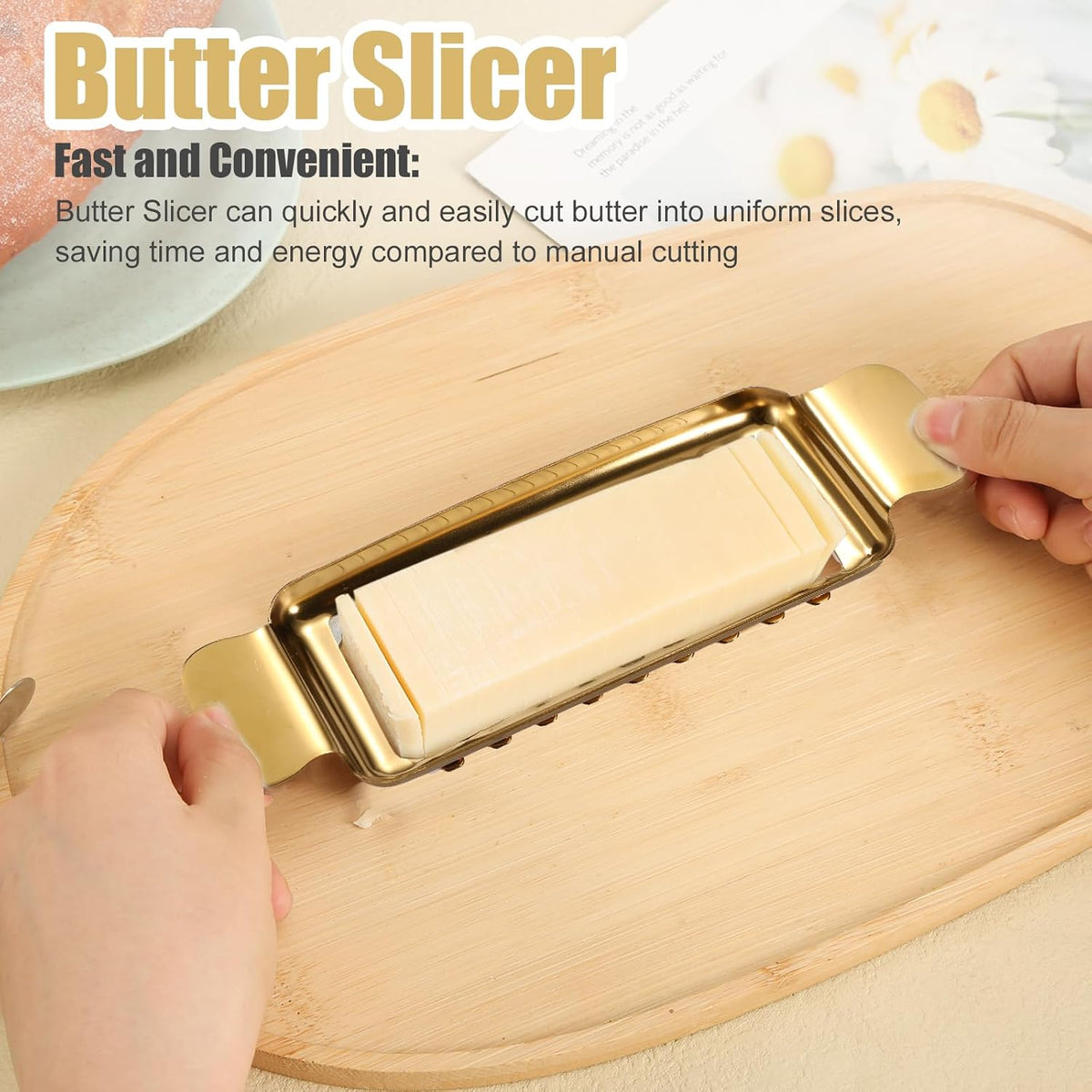 Butter & Cheese Slicer Cutter, Stainless Steel Ergonomic Cutter with Portable Grip Portion Control Slicing Tool for Butter Block Cheese Fruits Vegetables(Gold)