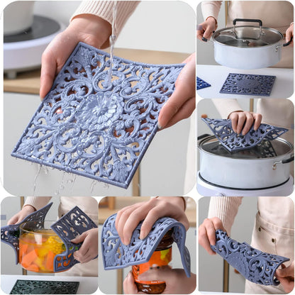 Silicone Trivets Mats-Trivets for Hot Dishes, Table, Countertop, Non-Slip Heat Resistant Modern Kitchen Teapot Trivet - Flexible Trivet Square, Hot Pads for Pots & Pans of 3 Blue