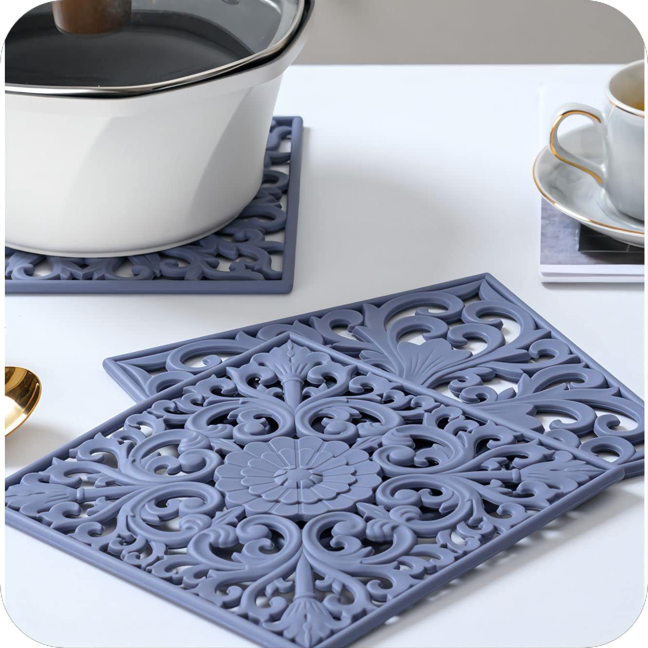 Silicone Trivets Mats-Trivets for Hot Dishes, Table, Countertop, Non-Slip Heat Resistant Modern Kitchen Teapot Trivet - Flexible Trivet Square, Hot Pads for Pots & Pans of 3 Blue