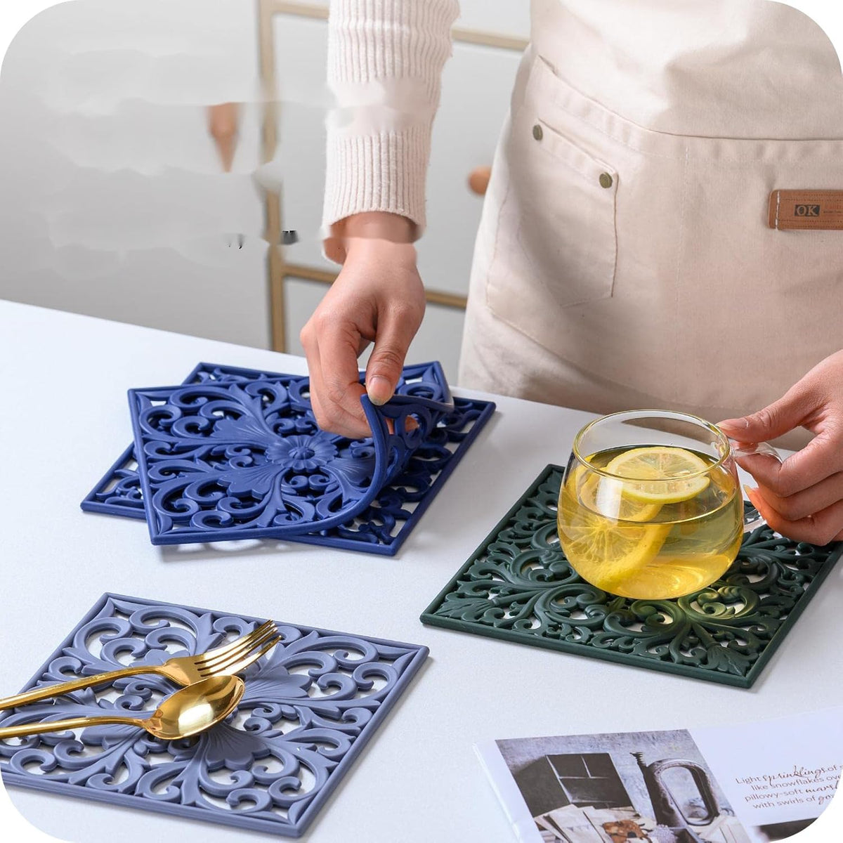 Silicone Trivets Mats-Trivets for Hot Dishes, Table, Countertop, Non-Slip Heat Resistant Modern Kitchen Teapot Trivet - Flexible Trivet Square, Hot Pads for Pots & Pans of 3 Blue