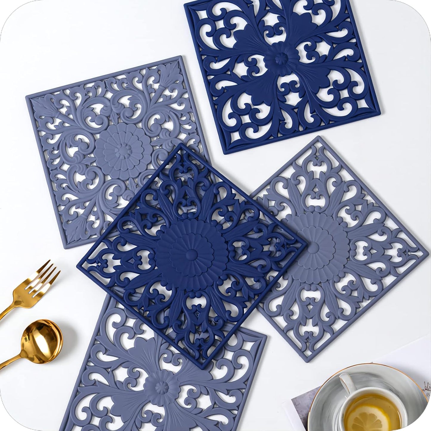 Silicone Trivets Mats-Trivets for Hot Dishes, Table, Countertop, Non-Slip Heat Resistant Modern Kitchen Teapot Trivet - Flexible Trivet Square, Hot Pads for Pots & Pans of 3 Blue