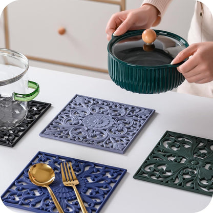 Silicone Trivets Mats-Trivets for Hot Dishes, Table, Countertop, Non-Slip Heat Resistant Modern Kitchen Teapot Trivet - Flexible Trivet Square, Hot Pads for Pots & Pans of 3 Blue