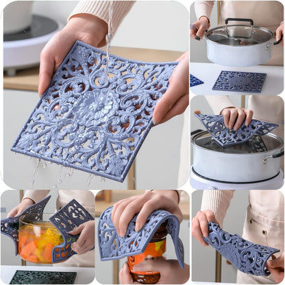 Silicone Trivets Mats-Trivets for Hot Dishes, Table, Countertop, Non-Slip Heat Resistant Modern Kitchen Teapot Trivet - Flexible Trivet Square, Hot Pads for Pots & Pans of 3 Blue