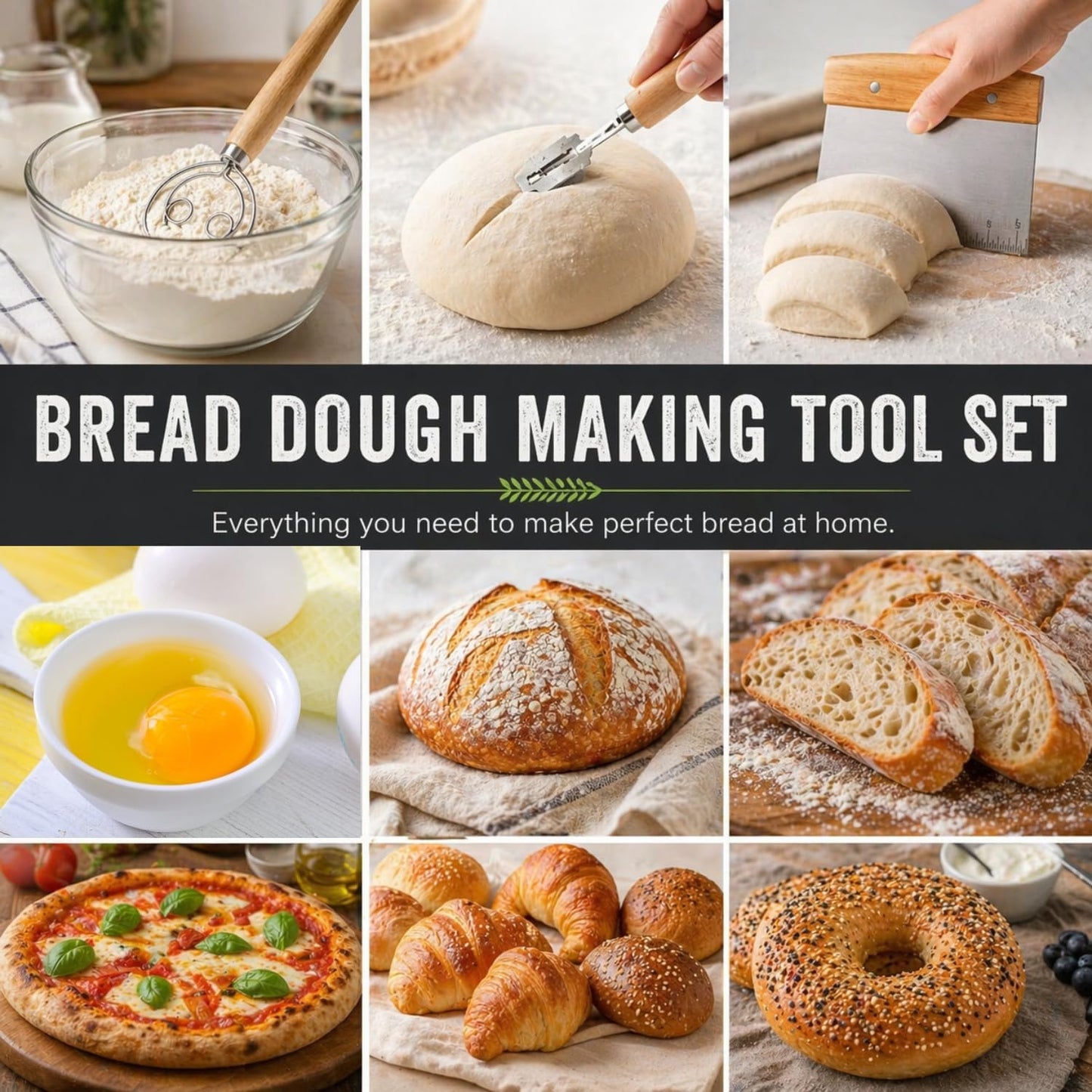 Sourdough Bread Baking Tool Set with Danish Dough Whisk, Bread Lame & Blades, Bench Scraper, Dough Scrapers and Silicone Brush – Sourdough Starter Kit