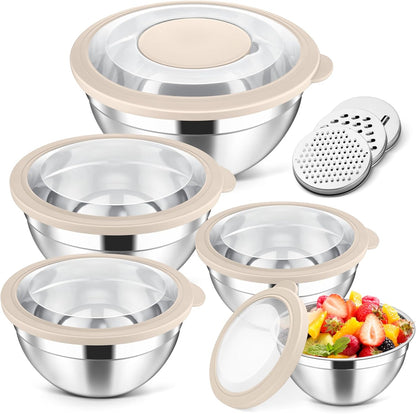 5-Piece Mixing Bowls with Airtight Clear Lids, 3 Grater Attachments, Stainless Steel Salad Bowls for Kitchen, Size 4.6, 3.5, 2.5, 2, 1.5QT Ideal for Baking, Prepping and Serving, Khaki