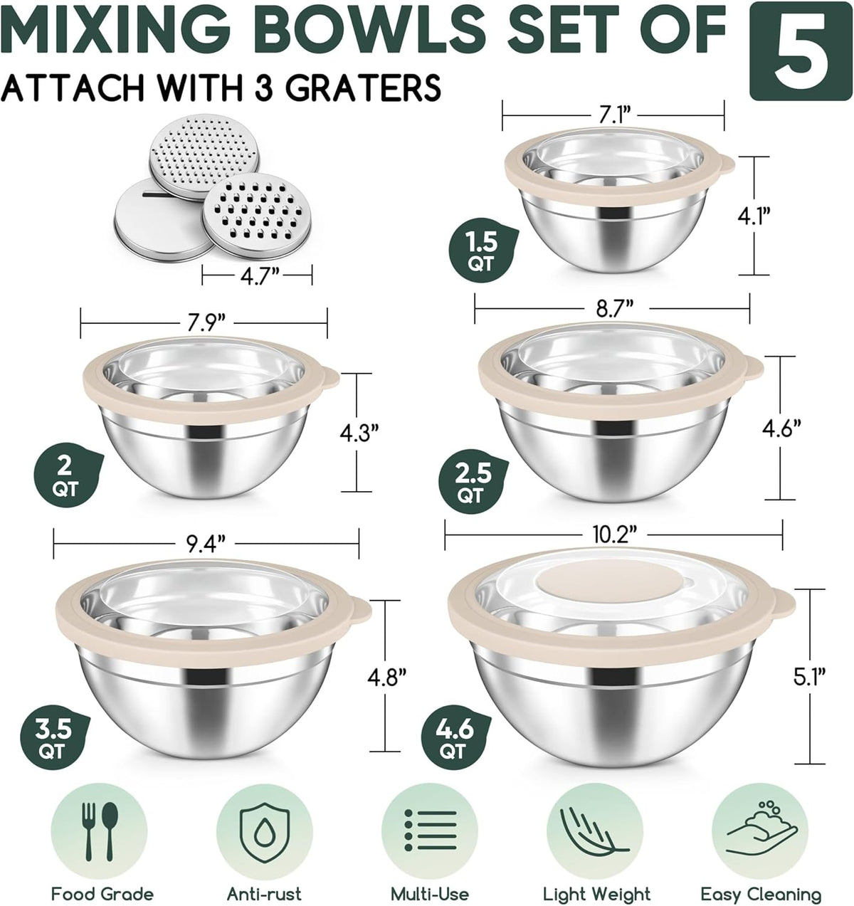 5-Piece Mixing Bowls with Airtight Clear Lids, 3 Grater Attachments, Stainless Steel Salad Bowls for Kitchen, Size 4.6, 3.5, 2.5, 2, 1.5QT Ideal for Baking, Prepping and Serving, Khaki