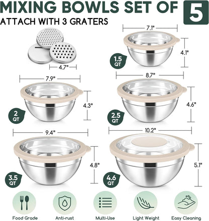 5-Piece Mixing Bowls with Airtight Clear Lids, 3 Grater Attachments, Stainless Steel Salad Bowls for Kitchen, Size 4.6, 3.5, 2.5, 2, 1.5QT Ideal for Baking, Prepping and Serving, Khaki