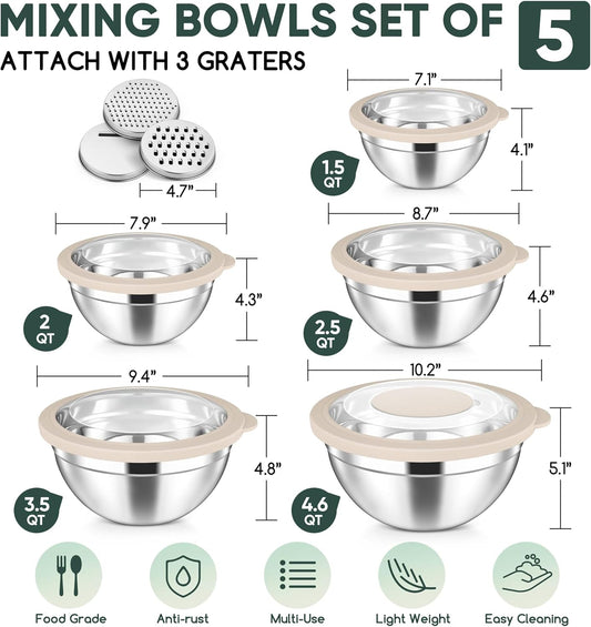5-Piece Mixing Bowls with Airtight Clear Lids, 3 Grater Attachments, Stainless Steel Salad Bowls for Kitchen, Size 4.6, 3.5, 2.5, 2, 1.5QT Ideal for Baking, Prepping and Serving, Khaki