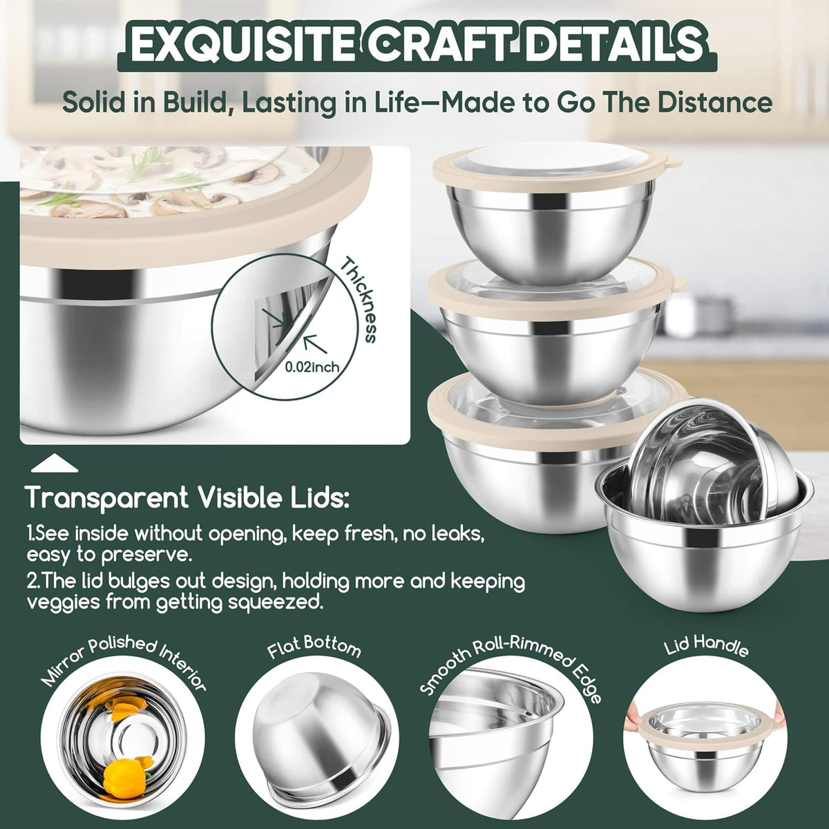 5-Piece Mixing Bowls with Airtight Clear Lids, 3 Grater Attachments, Stainless Steel Salad Bowls for Kitchen, Size 4.6, 3.5, 2.5, 2, 1.5QT Ideal for Baking, Prepping and Serving, Khaki
