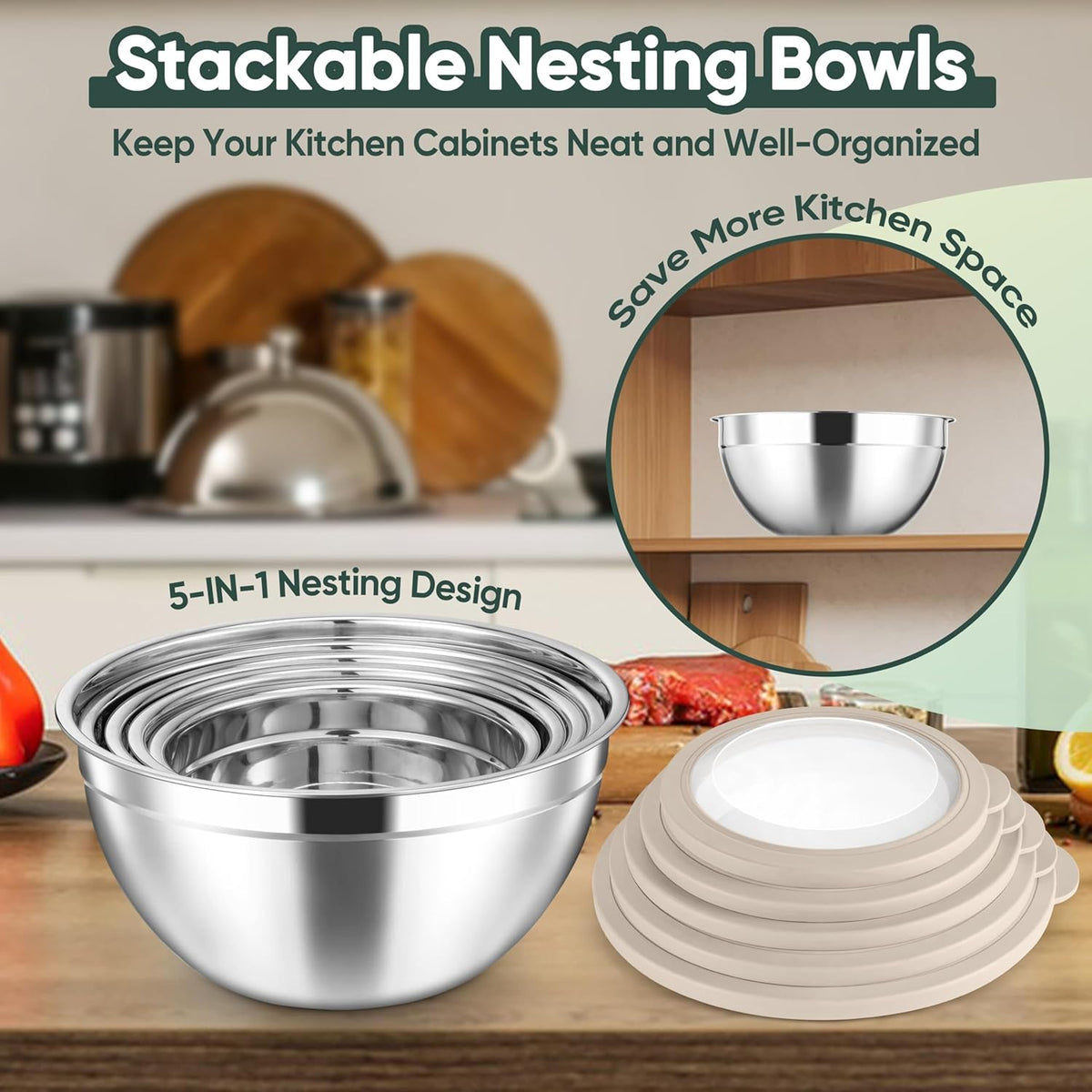 5-Piece Mixing Bowls with Airtight Clear Lids, 3 Grater Attachments, Stainless Steel Salad Bowls for Kitchen, Size 4.6, 3.5, 2.5, 2, 1.5QT Ideal for Baking, Prepping and Serving, Khaki