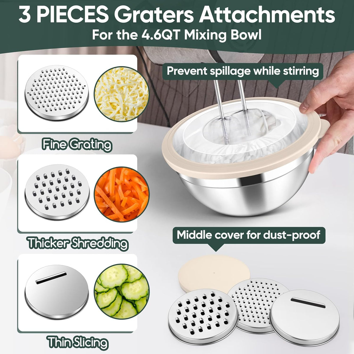 5-Piece Mixing Bowls with Airtight Clear Lids, 3 Grater Attachments, Stainless Steel Salad Bowls for Kitchen, Size 4.6, 3.5, 2.5, 2, 1.5QT Ideal for Baking, Prepping and Serving, Khaki