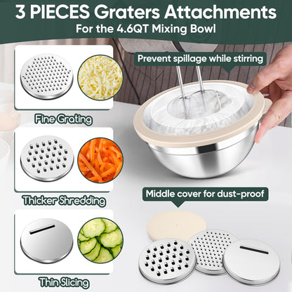 5-Piece Mixing Bowls with Airtight Clear Lids, 3 Grater Attachments, Stainless Steel Salad Bowls for Kitchen, Size 4.6, 3.5, 2.5, 2, 1.5QT Ideal for Baking, Prepping and Serving, Khaki