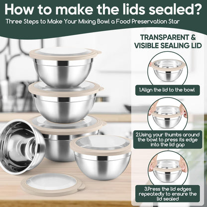 5-Piece Mixing Bowls with Airtight Clear Lids, 3 Grater Attachments, Stainless Steel Salad Bowls for Kitchen, Size 4.6, 3.5, 2.5, 2, 1.5QT Ideal for Baking, Prepping and Serving, Khaki