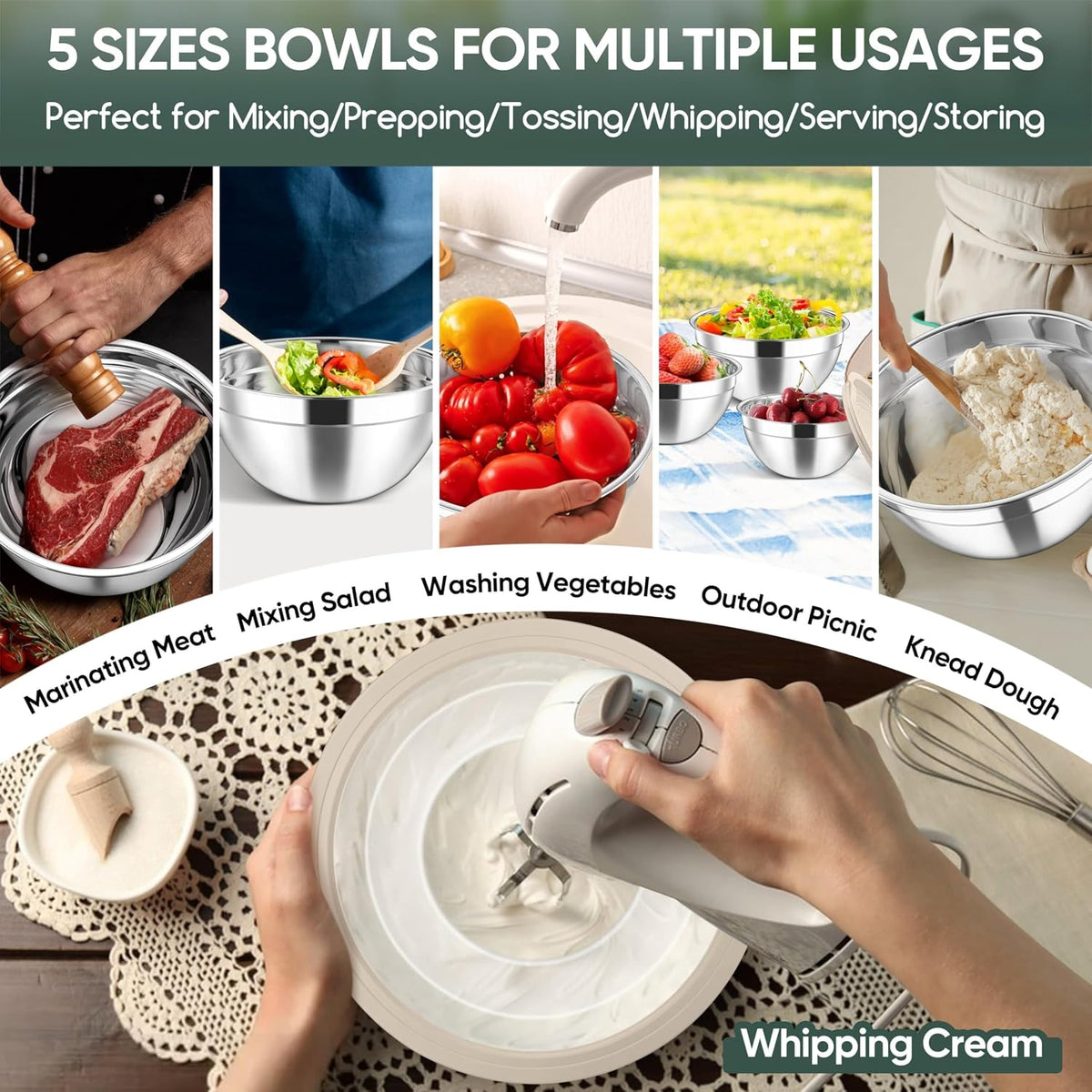 5-Piece Mixing Bowls with Airtight Clear Lids, 3 Grater Attachments, Stainless Steel Salad Bowls for Kitchen, Size 4.6, 3.5, 2.5, 2, 1.5QT Ideal for Baking, Prepping and Serving, Khaki
