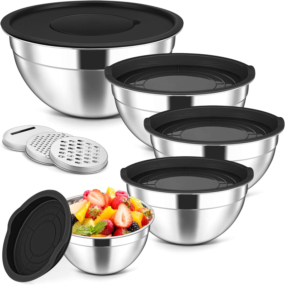 5-Piece Mixing Bowls with Airtight Clear Lids, 3 Grater Attachments, Stainless Steel Salad Bowls for Kitchen, Size 4.6, 3.5, 2.5, 2, 1.5QT Ideal for Baking, Prepping and Serving, Khaki