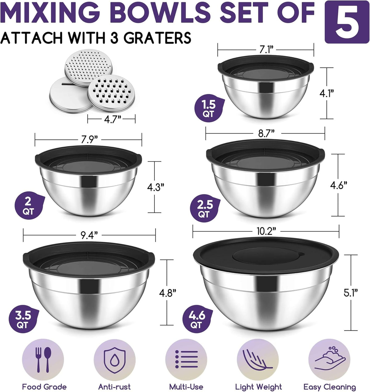 5-Piece Mixing Bowls with Airtight Clear Lids, 3 Grater Attachments, Stainless Steel Salad Bowls for Kitchen, Size 4.6, 3.5, 2.5, 2, 1.5QT Ideal for Baking, Prepping and Serving, Khaki