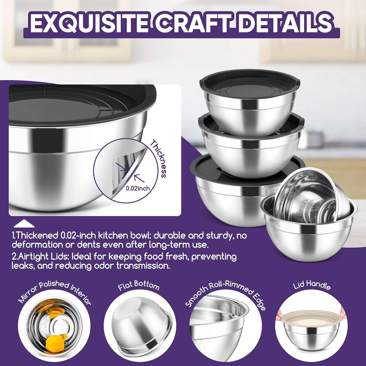 5-Piece Mixing Bowls with Airtight Clear Lids, 3 Grater Attachments, Stainless Steel Salad Bowls for Kitchen, Size 4.6, 3.5, 2.5, 2, 1.5QT Ideal for Baking, Prepping and Serving, Khaki