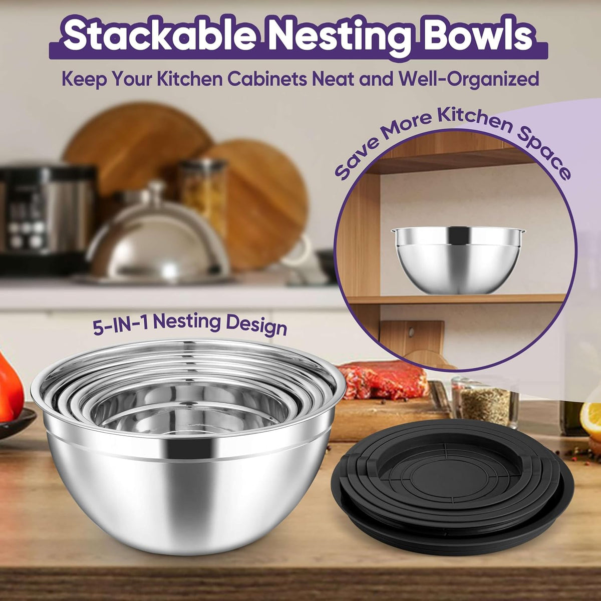 5-Piece Mixing Bowls with Airtight Clear Lids, 3 Grater Attachments, Stainless Steel Salad Bowls for Kitchen, Size 4.6, 3.5, 2.5, 2, 1.5QT Ideal for Baking, Prepping and Serving, Khaki